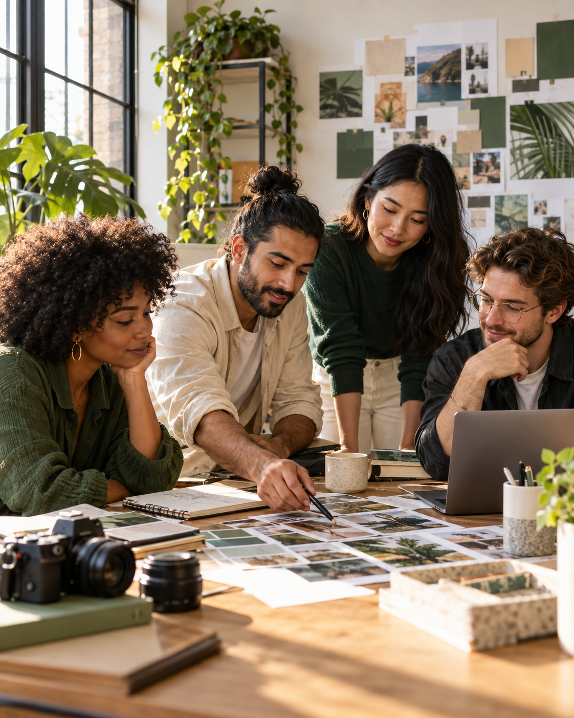 A diverse group of creators and business owners shaping a campaign together in a sunlit studio